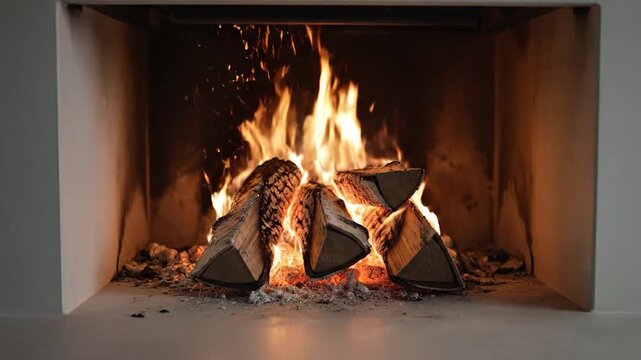 A warm and cozy fireplace burning with natural logs providing heat in a modern interior