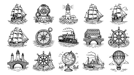 Vintage Transportation Icons: Ships, Train, Bus, Globe, Lighthouse, Hot Air Balloon © Quntul