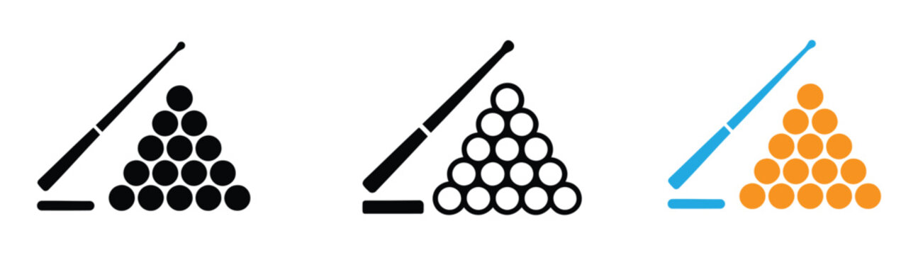 Snooker icon design illustrator set. Icons in line and clipart. Billiards pool table icons with snooker cue and balls vector symbols isolated on white background. 