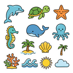 Fototapeta premium Cute cartoon sea animals and ocean elements sticker set