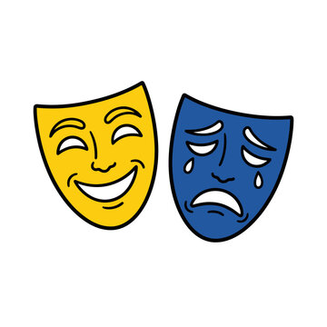 Yellow comedy and blue tragedy theater masks on white