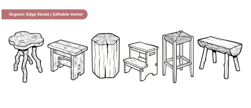 Wooden stool vector line art featuring organic edge benches, rustic logs, step stools, and bar seating icons isolated on a white background for handmade furniture and interior design drawings.