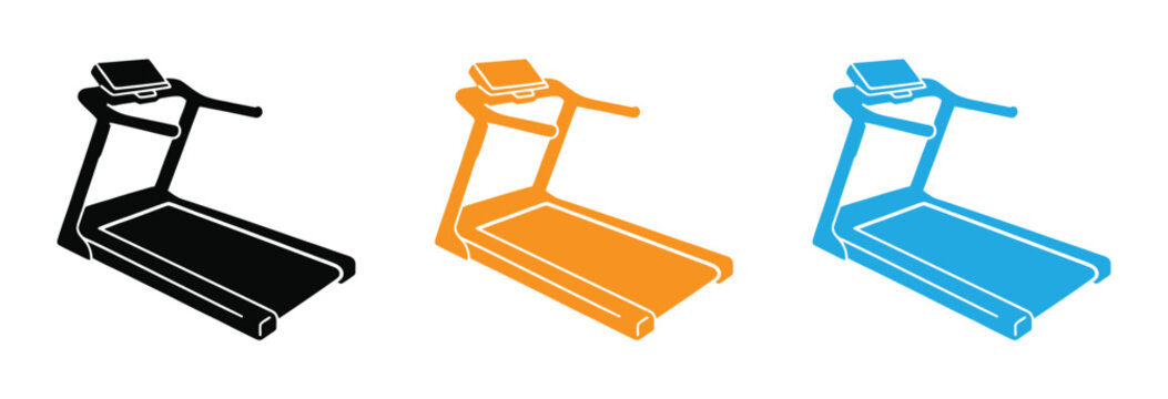 Cardio treadmill machine set with solid black icon design featuring fitness, exercise, gym equipment with running and workout.  Treadmill icon vector Graphics. 