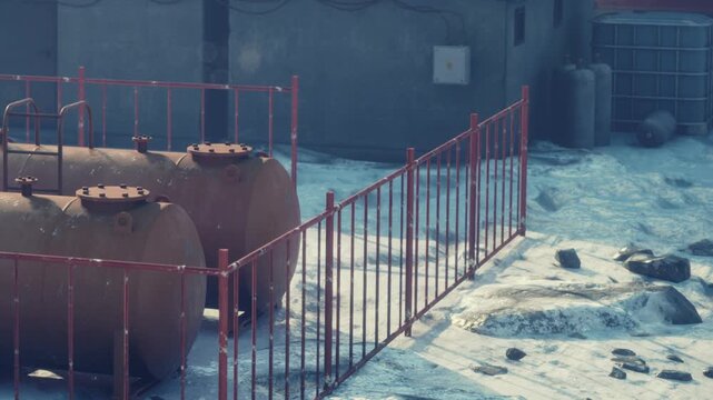Two large tanks sit next to a fenced area in a cold location. Snow covers the ground, and the sun casts shadows on the tanks and surrounding space.