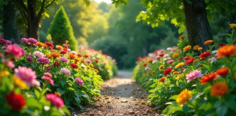 Naklejka premium Flower-filled garden, thriving plants, idyllic scene, scenery, scene, floral