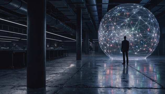 Visionary entrepreneur standing beside a glowing global digital map, representing international business expansion, worldwide connectivity, and global market reach in a high-tech studio setup.