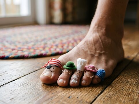 Diwali festival celebration creative toe art depicting characters on wooden floor