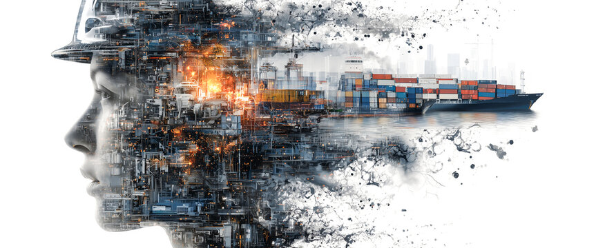 Strikingly surreal composite portrait merges human face with bustling harbor cityscape; industrial ships and complex architecture create an evocative mood reflecting technological innovation.