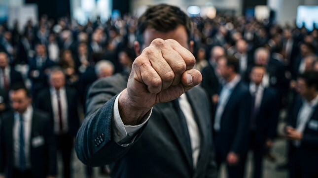 Clenched Fist Held Forward By Person In Suit With Blurred Crowd Background Photo agitation anger