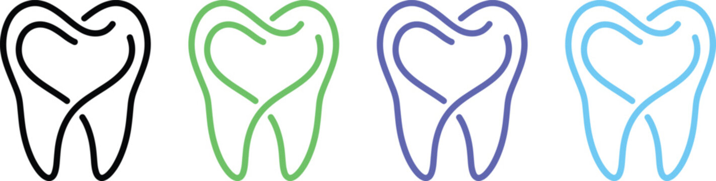 Dental Tooth Care Heart Symbol Aesthetic Clinic Monoline Abstract Branding Vector Icon Set