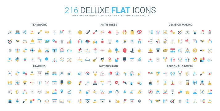 Comprehensive flat icon set covers teamwork, antistress, decision making, training, notification, personal growth concepts in modern business and self-development isolated vector illustration