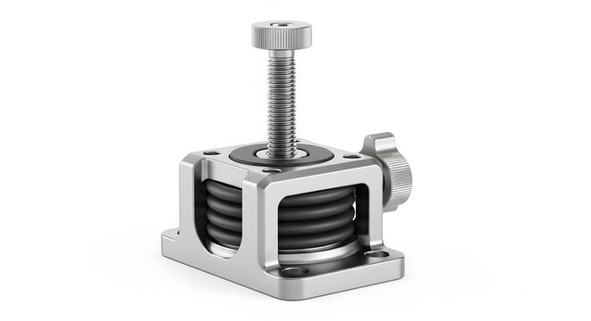 Adjustable machinery vibration isolator with metal housing and screw head.