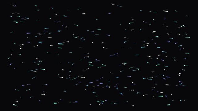 Falling colorful confetti streamers celebration overlay effect on black background for party, festive, birthday, holiday, event, New Year, anniversary, and success projects.
