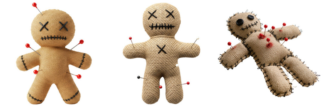 Three voodoo dolls made of burlap, stitched and pinned with pins, isolated on a white background.
