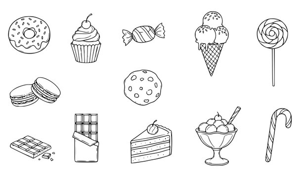 Sweet dessert sketch icon set with donut cupcake candy and ice cream vector collection
