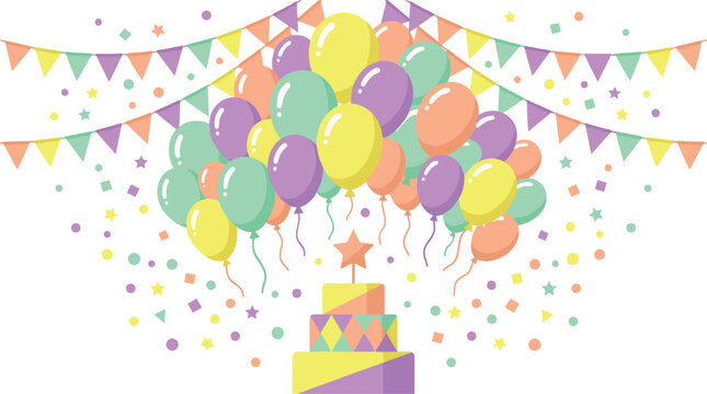 Colorful birthday celebration illustration featuring festive balloons party cake bunting flags and confetti vector design