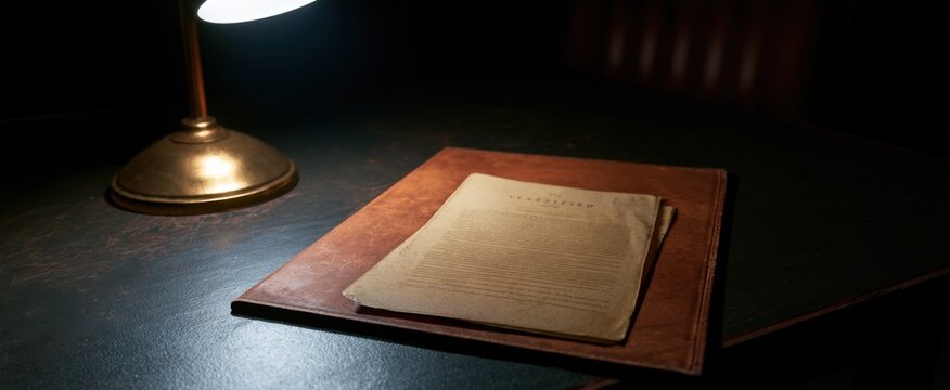 Worn Classified Document Folder Resting on Investigator's Table with Desk Light