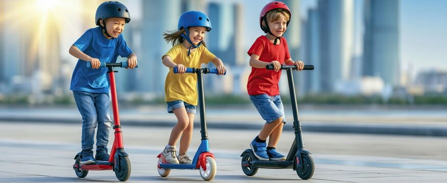 On a sunny city sidewalk, children enjoy scooting on a vibrant, colorful scooter in a lively urban setting.