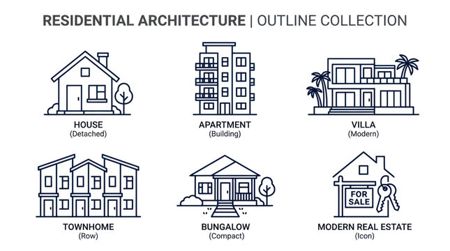 Residential Architecture Outline Collection: House, Apartment, Villa, Townhome, Bungalow, For Sale
