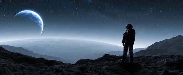 Fototapeta premium An astronaut stands atop rugged alien ground, observing a vibrant glowing planet beneath a star-filled galaxy.