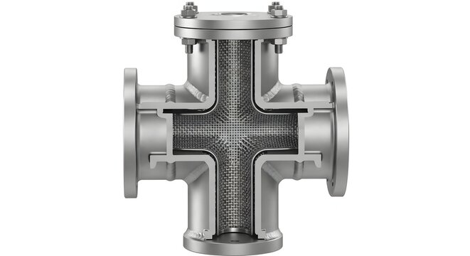 Cross pipe strainer filter with mesh interior for industrial fluid flow.