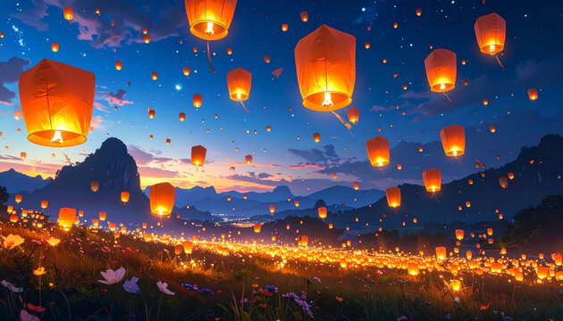 Floating lanterns night sky