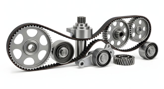 Engine timing belt kit with gears and pulleys for automotive repair.