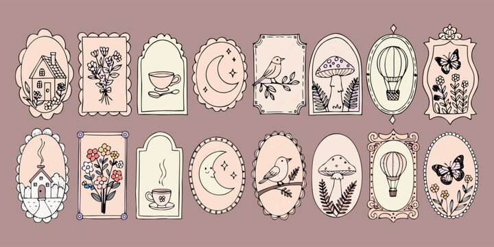 Vintage style illustrations of various objects on pink
