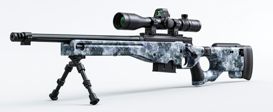 Urban camouflage sniper rifle featuring a holographic sight and adjustable bipod, displayed on a clean white backdrop.