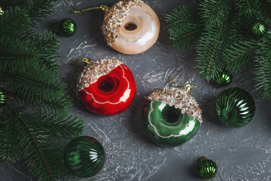 Festive donut Christmas ornaments with spruce branches