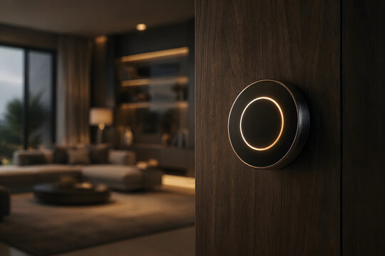 Smart home control dial with glowing graphic interface on wood wall