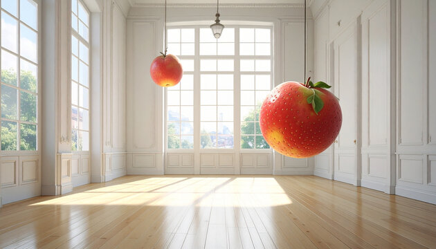 Floating apples in bright room