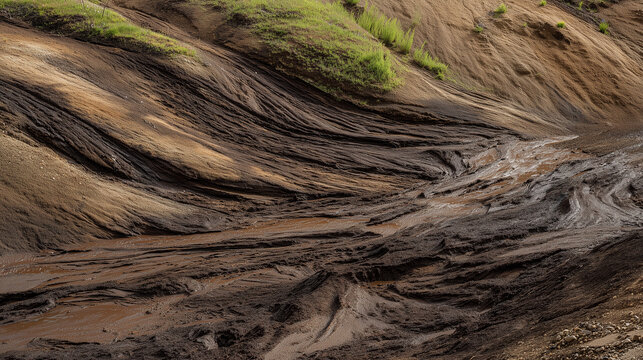tonalite. Muddy slurry flowing down a hillside, creating viscous patterns in natural daylight. ESG reports, sustainability campaigns, designed for environmental awareness campaigns.