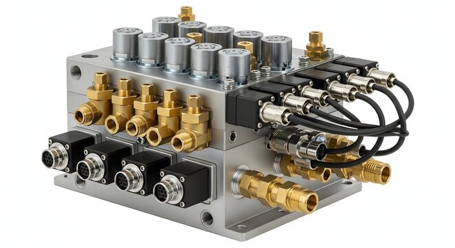Hydraulic control block with brass fittings and electronic sensors.