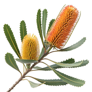 Australian Banksia Flower Branch Botanical Illustration Isolated on White Background