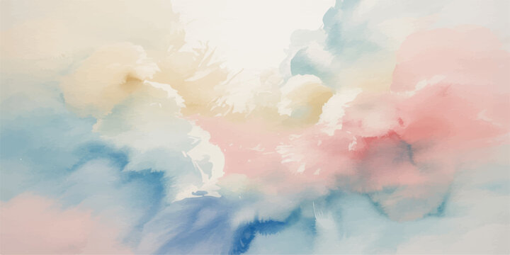 Abstract Watercolor Sky Background with Soft White Clouds and Blue Cloudscape Design