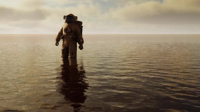 An astronaut stands in shallow water, surrounded by a vast calm surface. The sky is filled with clouds, adding to the uncommon setting of this scene.