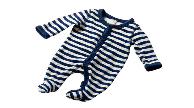 Navy and white striped baby footed pajamas, white background