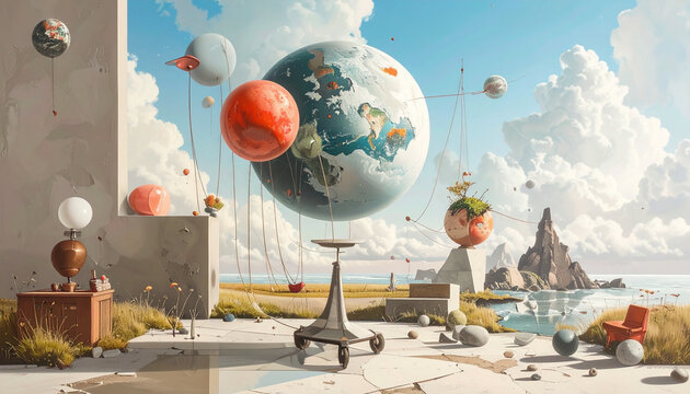 Floating globes surreal landscape