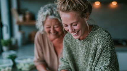 Naklejka premium Woman spending time with her mother in a kitchen preparing simple food with seasonal vegetables imperfect countertop reusable containers soft daylight wide shot family