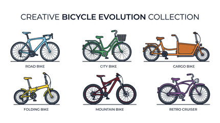 Fototapeta premium Bicycle Evolution Collection: Road, City, Cargo, Folding, Mountain, Retro Cruiser