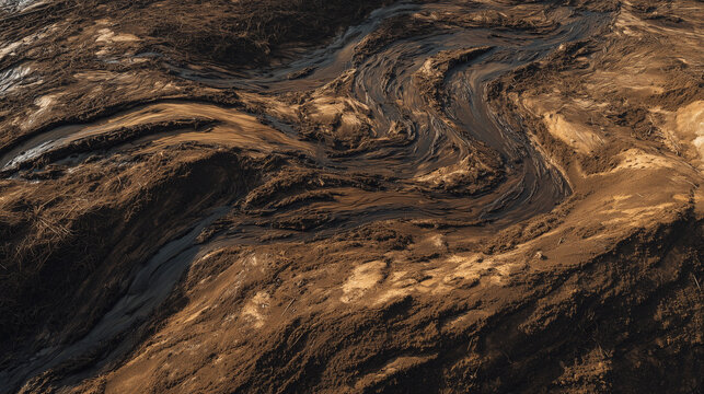 tonalite. Muddy slurry flowing down a hillside, creating viscous patterns in natural daylight. ESG reports, sustainability campaigns, designed for environmental awareness campaigns.
