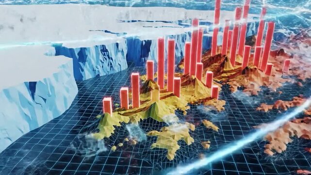 Abstract Digital Map Visualization Showing Rising Data Trends Over A Three Dimensional Mountainous Terrain Model
