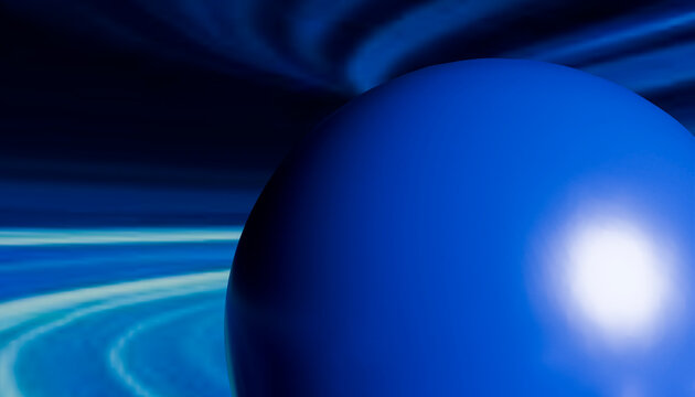 A large shiny blue sphere in front of a swirling blue and black abstract background. Illustration, rendering