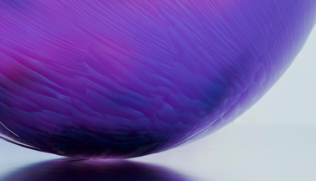 Abstract close-up of a glossy purple and blue orb on a reflective surface. Illustration, rendering