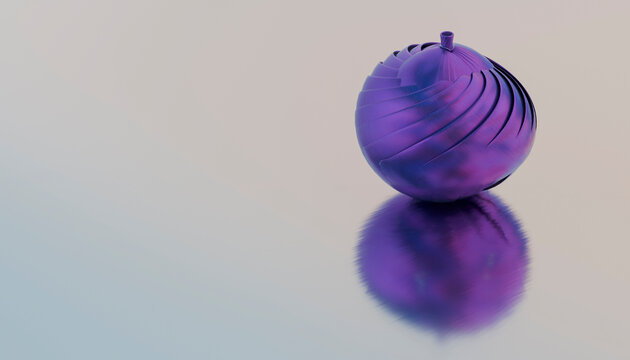 A purple, spiraled 3D sphere on a reflective surface with soft lighting. Illustration, rendering
