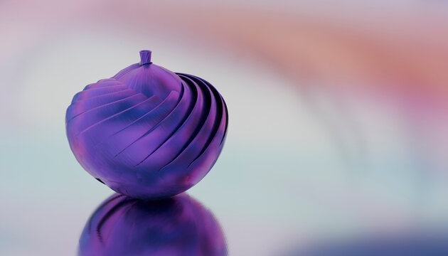 Purple abstract onion shape on reflective surface with blurred pastel background. Illustration, rendering