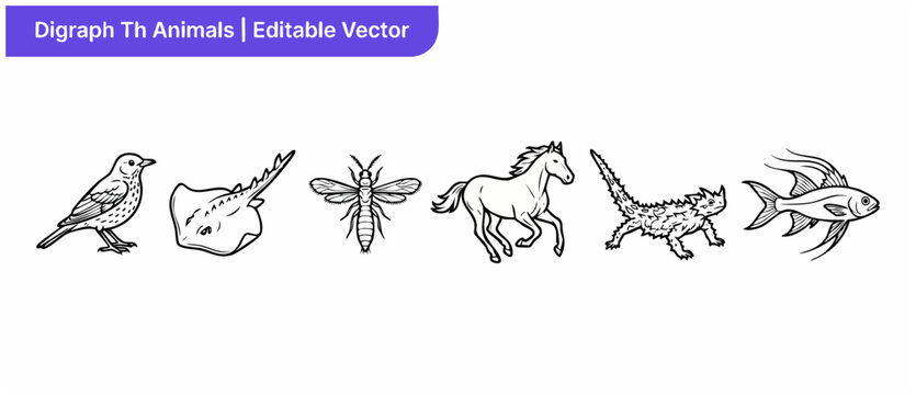Animal line art vector illustrations featuring digraph th animals including thrush, thornback ray, thrip, thoroughbred horse, thorny devil, and threadfin fish for educational classroom worksheet sets.