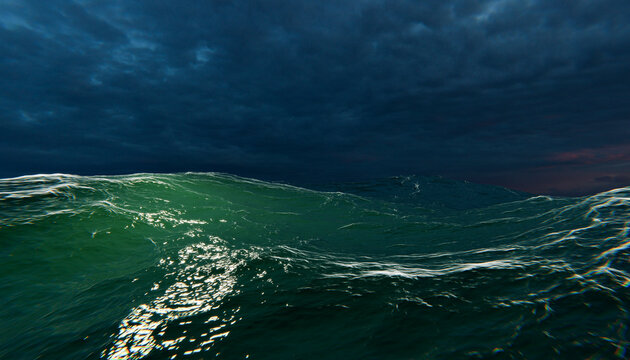Dark stormy sea waves under a dramatic, cloudy sky during dusk. Illustration, rendering