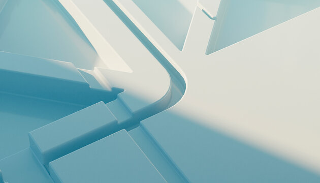 Abstract geometric pattern with blue and white 3D shapes forming intersecting lines. Illustration, rendering
